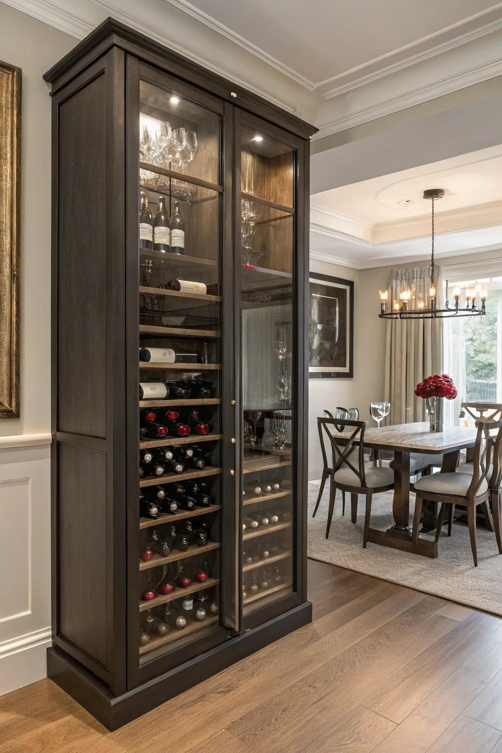 A wine rack situated in the cabinet merges style with practicality.