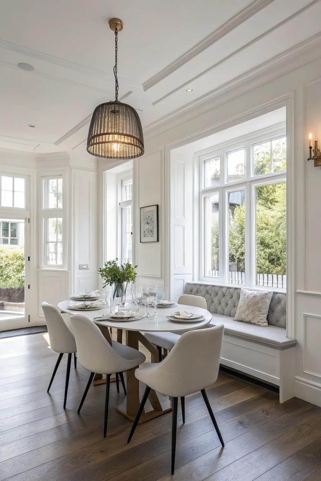 A fresh and airy dining space emphasized by understated whites.