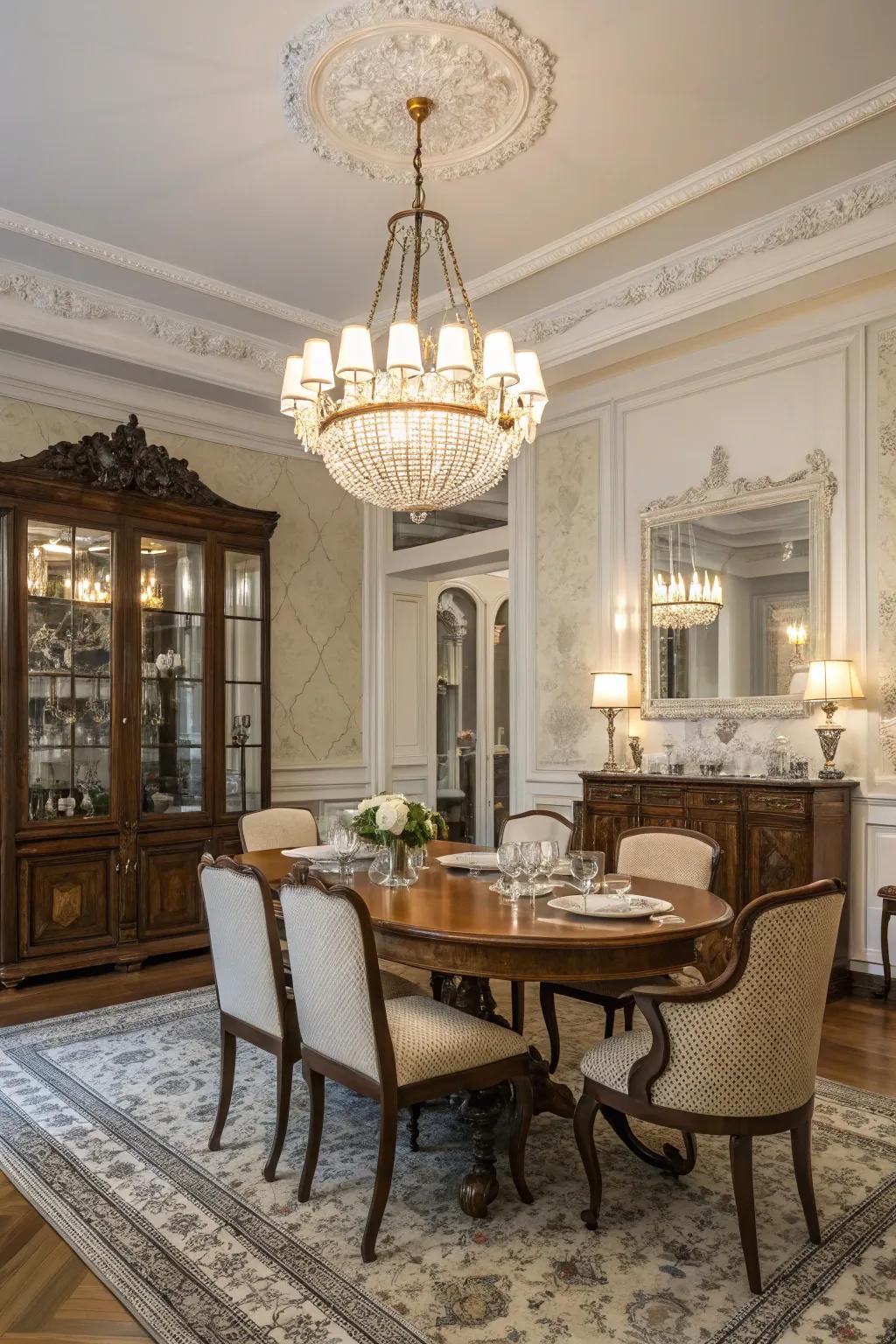 Vintage units bring timeless glamour to this dining space.