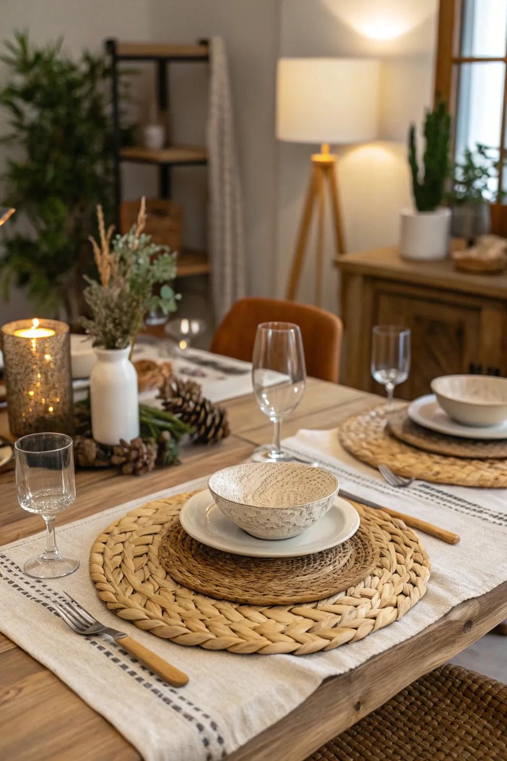 Earthy embellishments enrich the table with warmth and personality.
