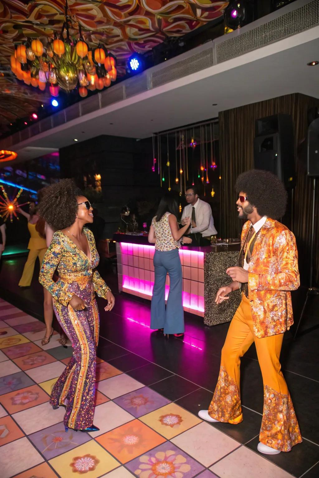 Attendees in attire reminiscent of the 1970s contribute flair and genuineness to the disco motif.