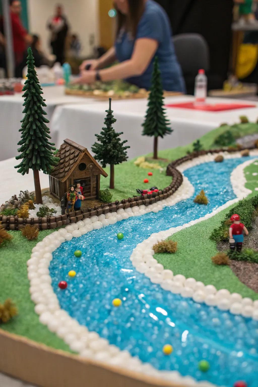 A shimmering waterway crafted from hydrated globules courses through the Golu presentation.