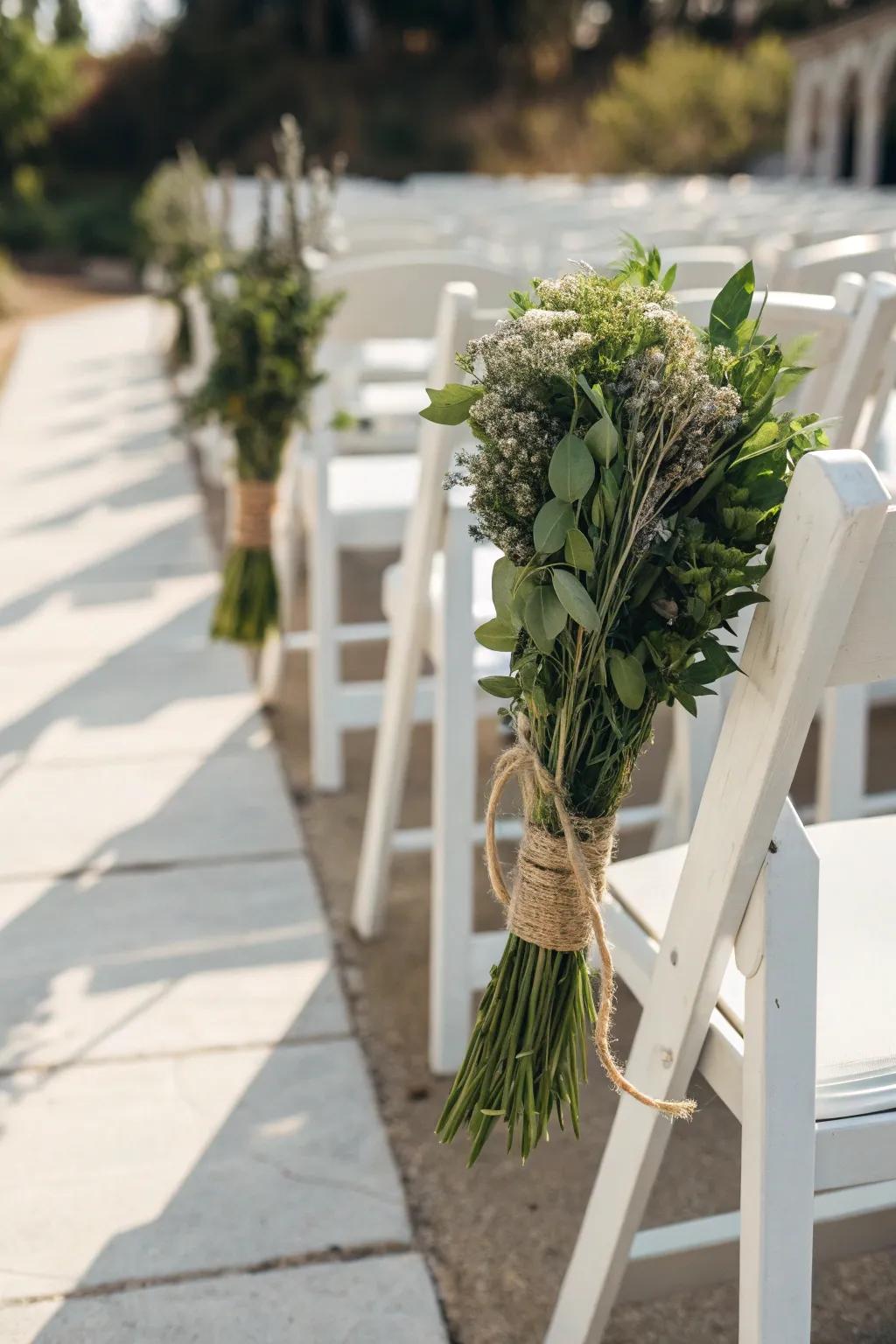 Herb bouquets contribute a revitalizing and aromatic dimension to the aisle.