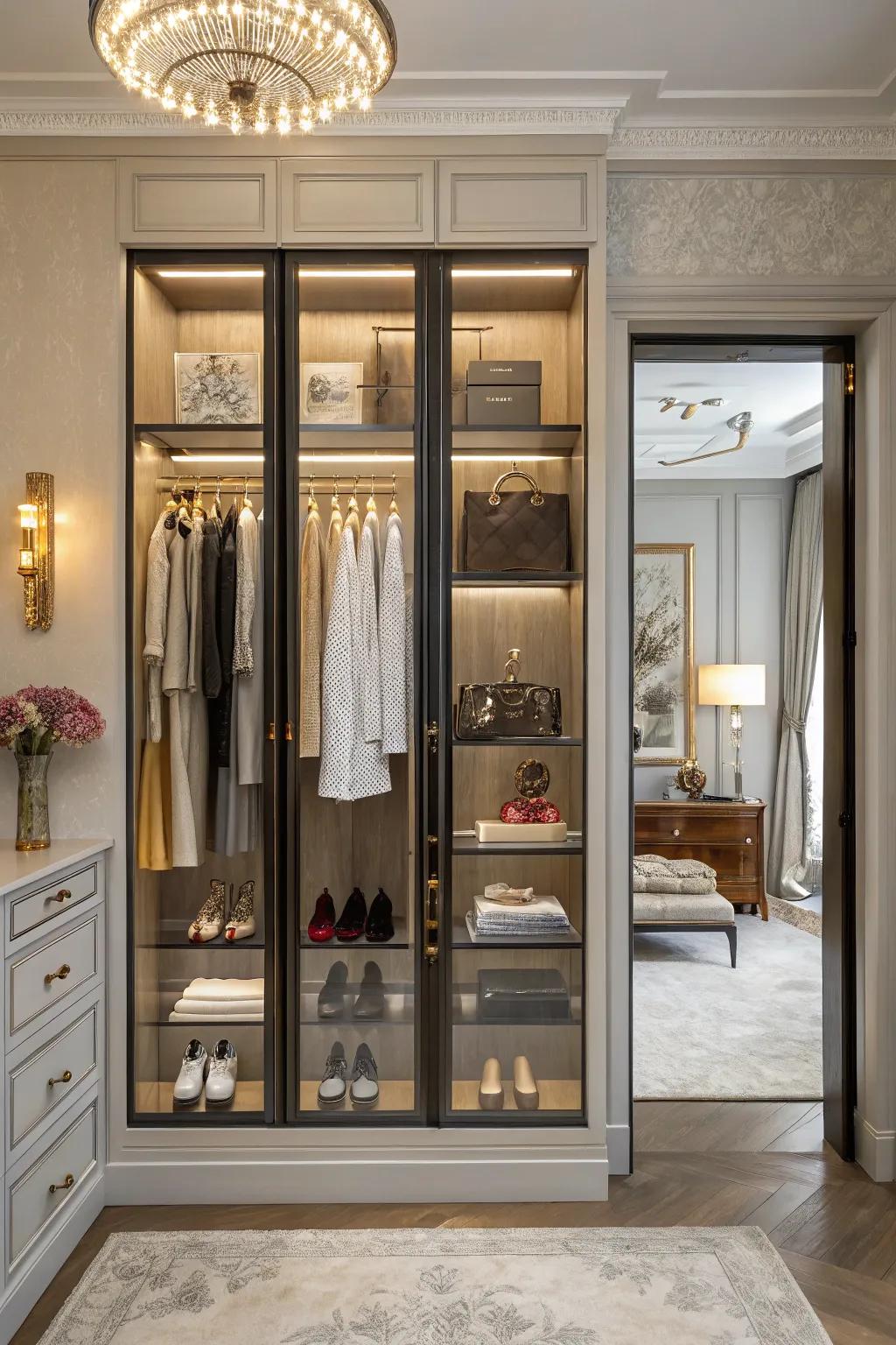 Glass doors enhance a double closet with a display case effect.