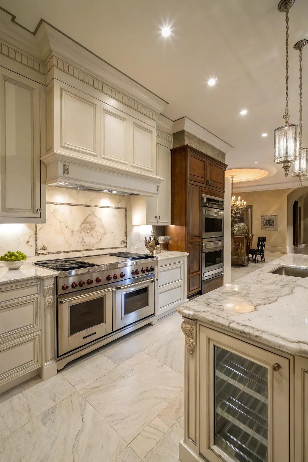 A luxurious kitchen featuring a double oven framed by marble and polished metal features.