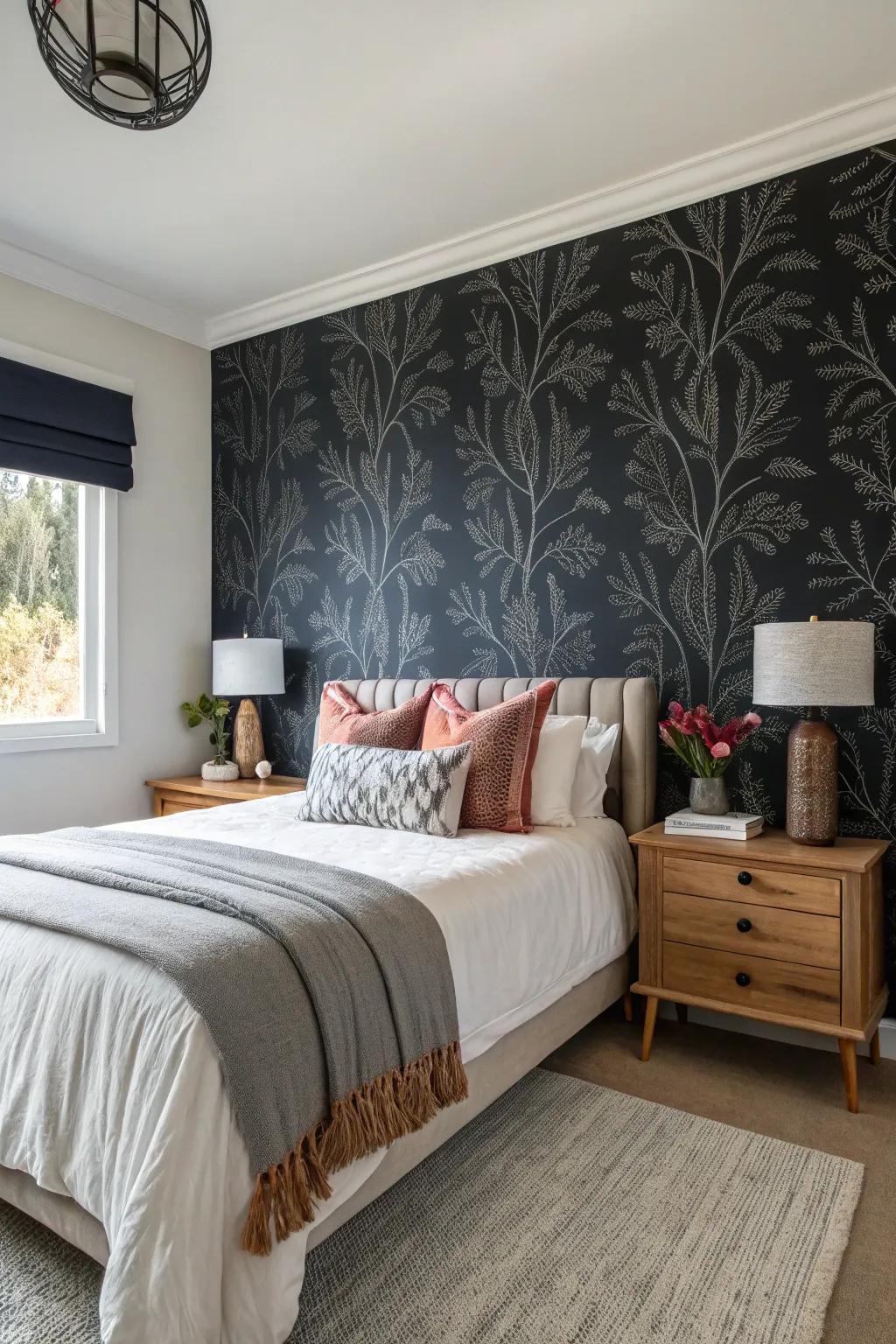 An accent wall featuring bold wallpaper establishes a captivating focal point.