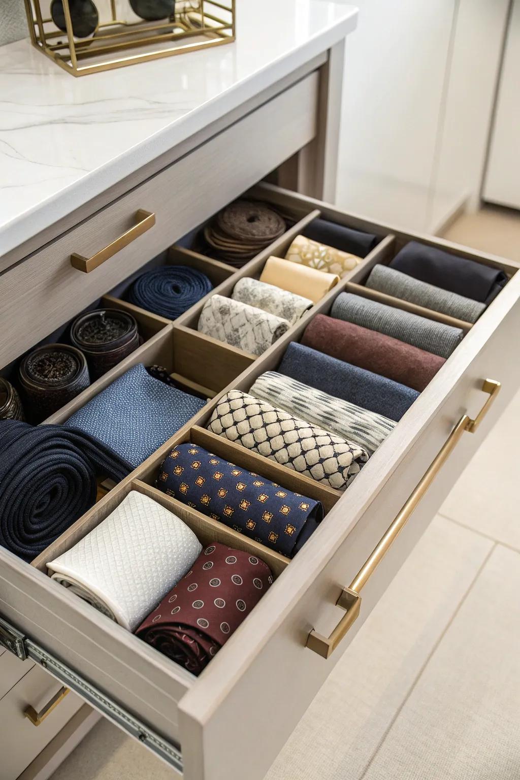 Scarf and tie rack for wrinkle-free storing.