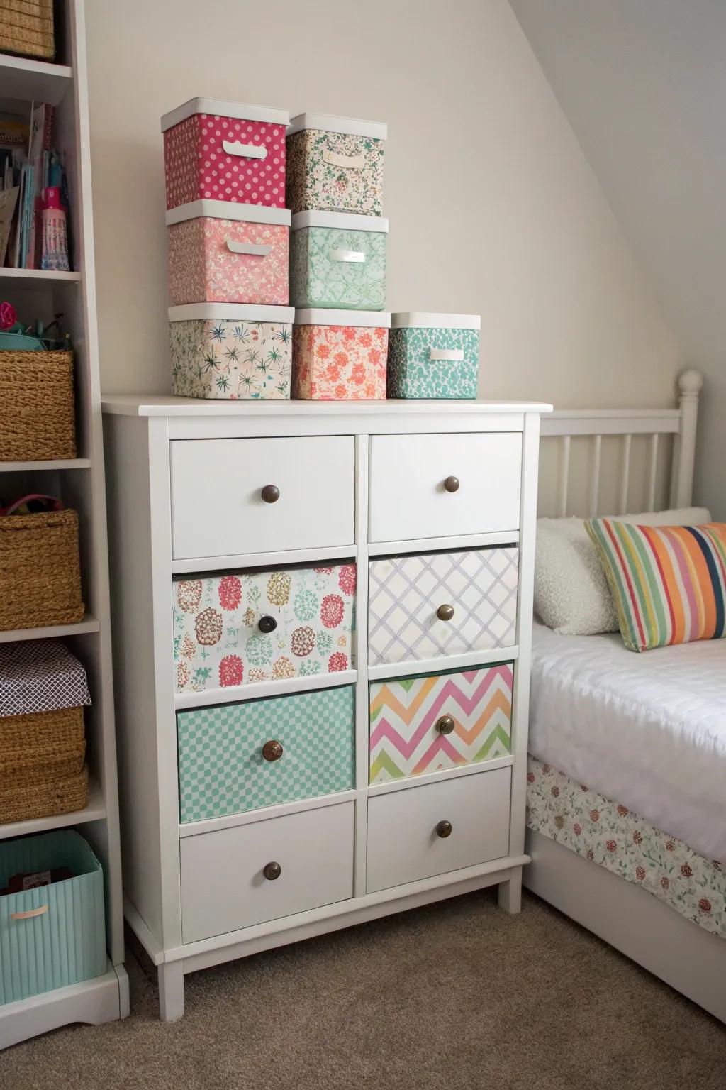 Stylish stowage sustains dresser organization.