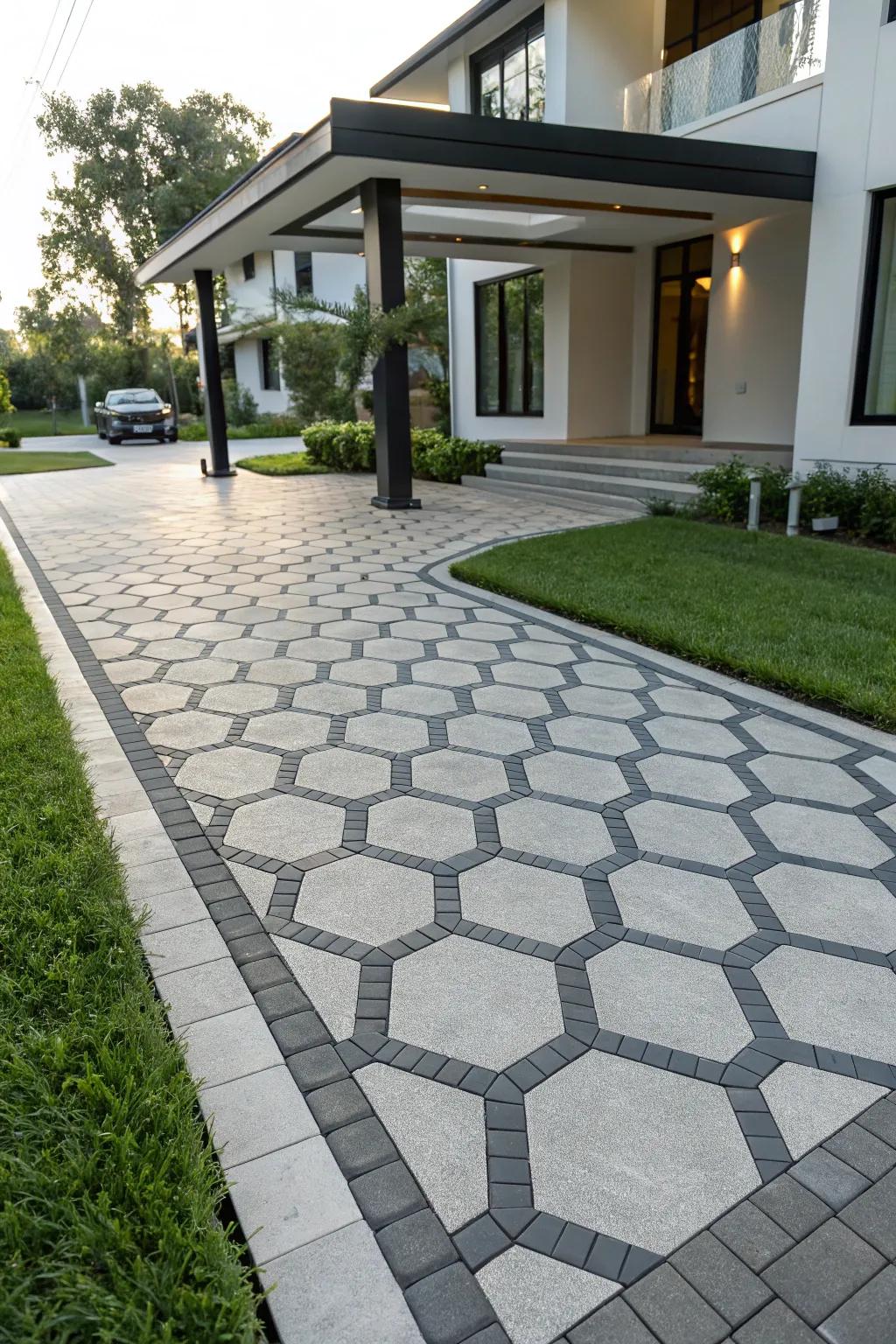 Geometric compositions impart an avant-garde, modern ambiance to driveway layouts.