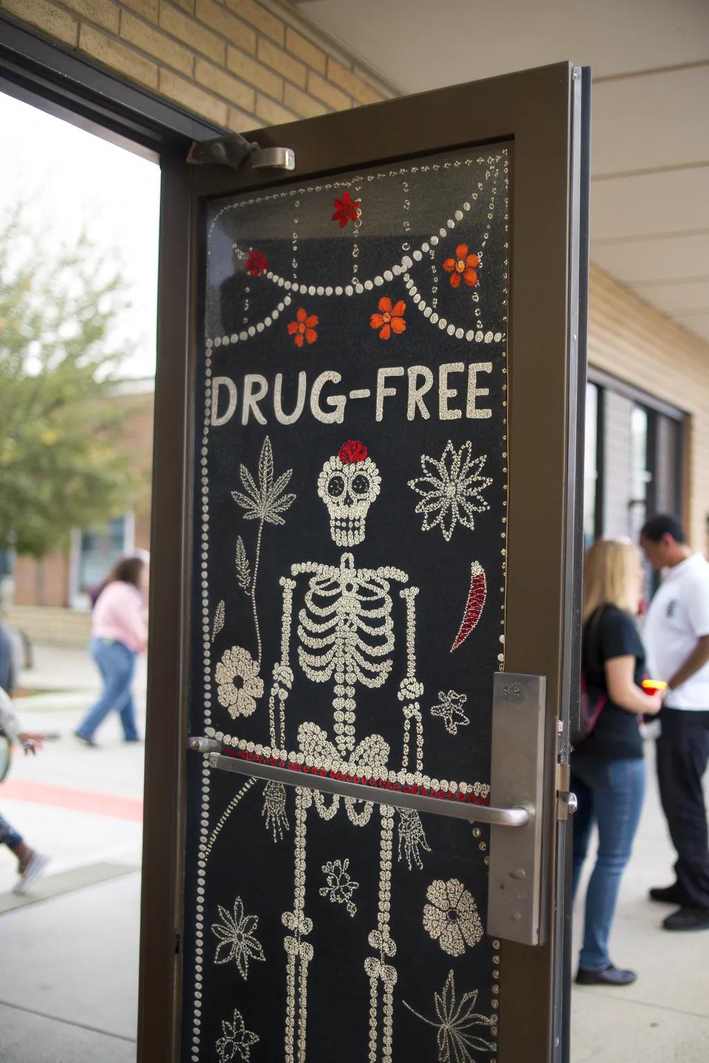 A skeleton-themed entrance with a serious substance-free message.