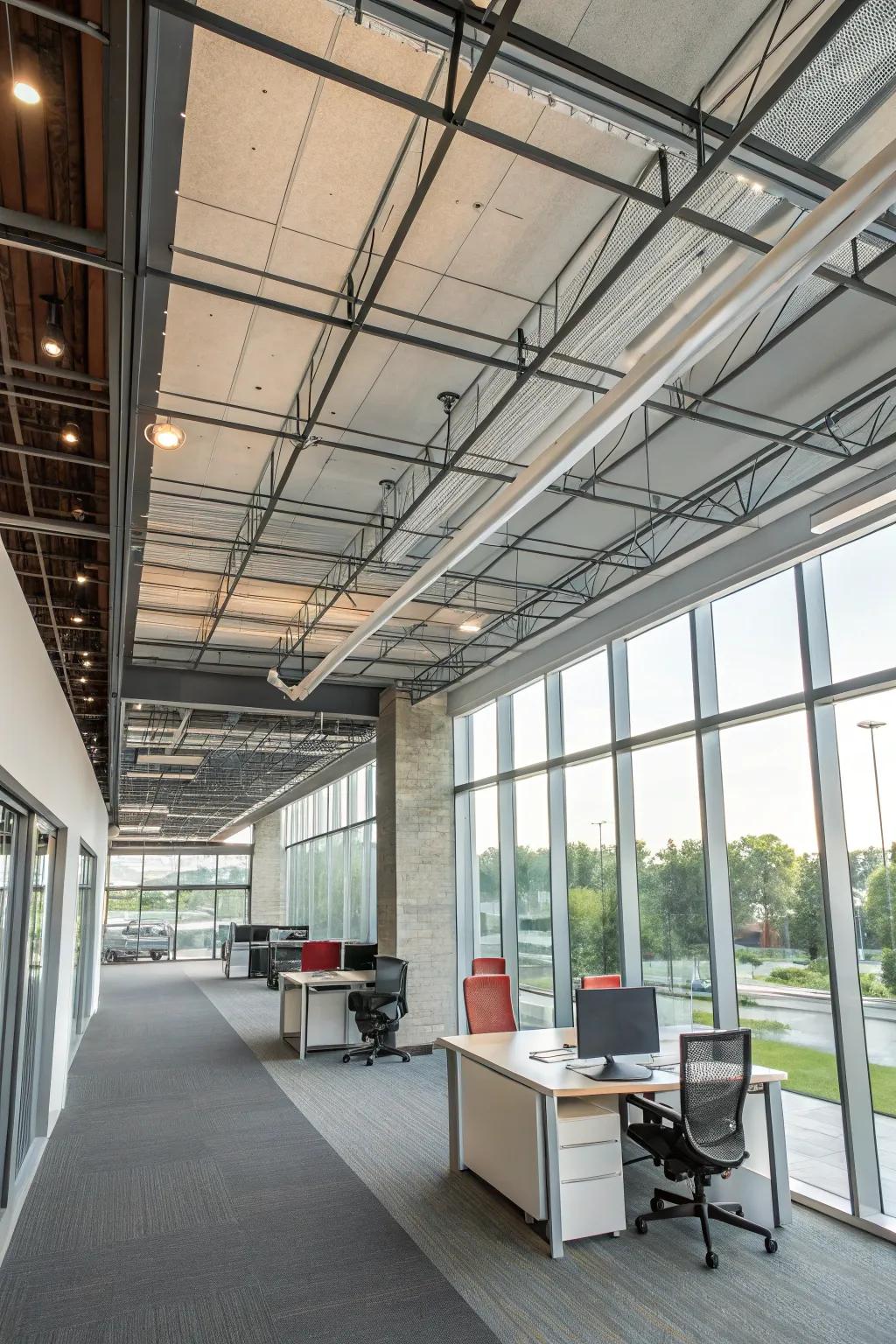 A modern ceiling design is created by combining materials.