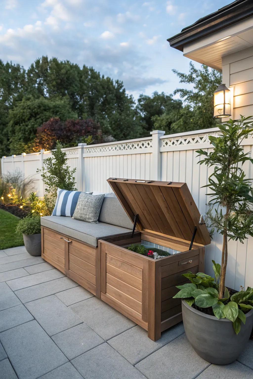 A bench with concealed storage presents an astute space-conserving solution.