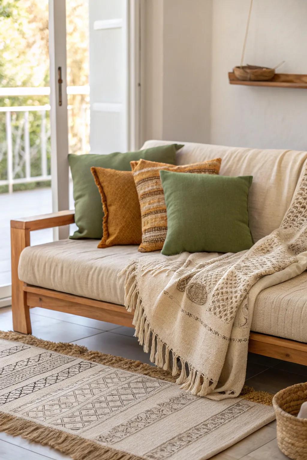 Introduce depth with woven fabrics for a cozy sensation. 🧶 #TextileLover #CozyDecor #EarthTones