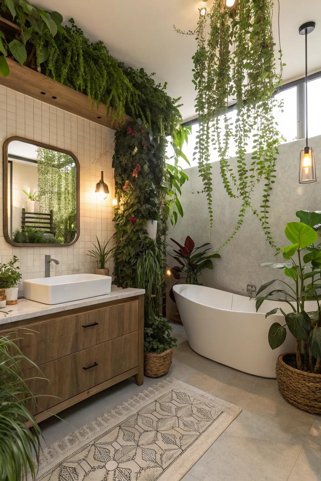 Greenery imbues warmth and natural elements into this exquisitely designed bathing area.