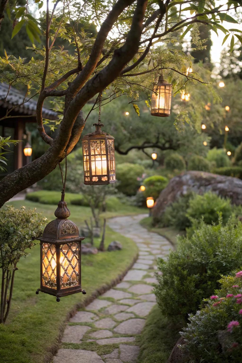 Lights add a captivating ambiance to garden evenings.