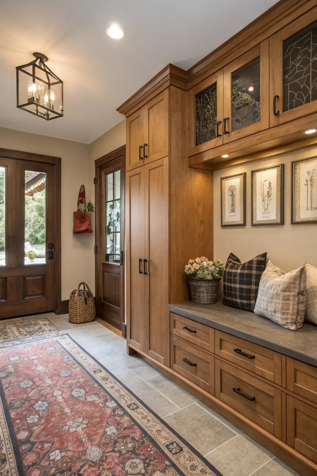 Wood accents provide warmth and texture, creating a cozy entryway.
