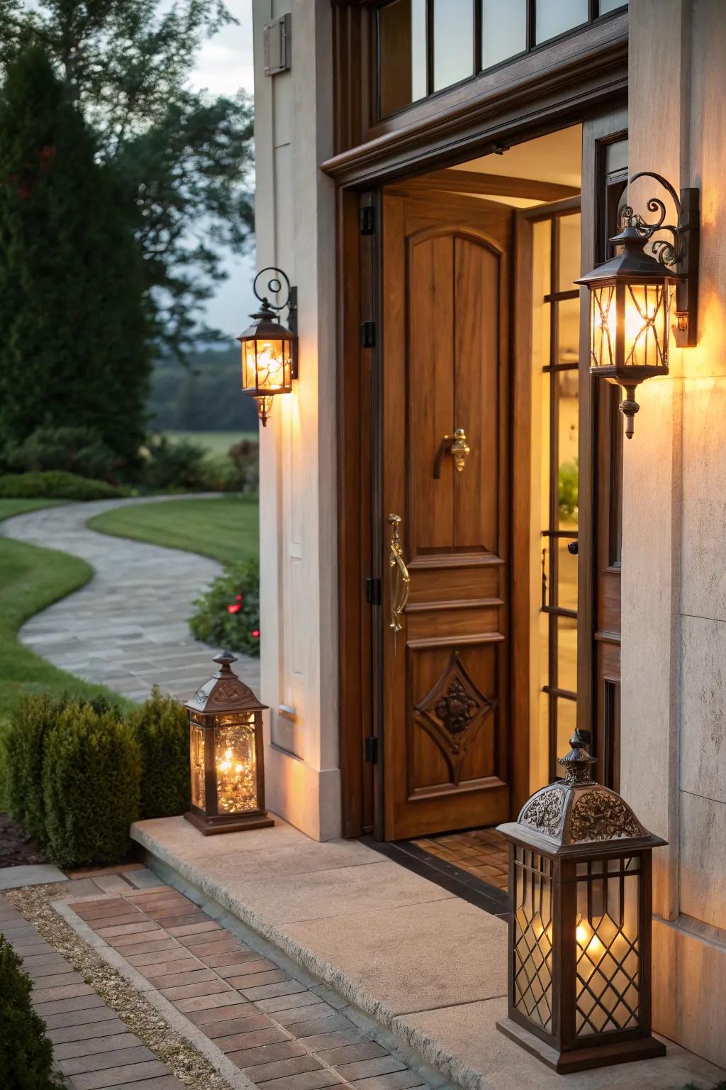 Ornamental illumination elevates the warmth of the entryway.