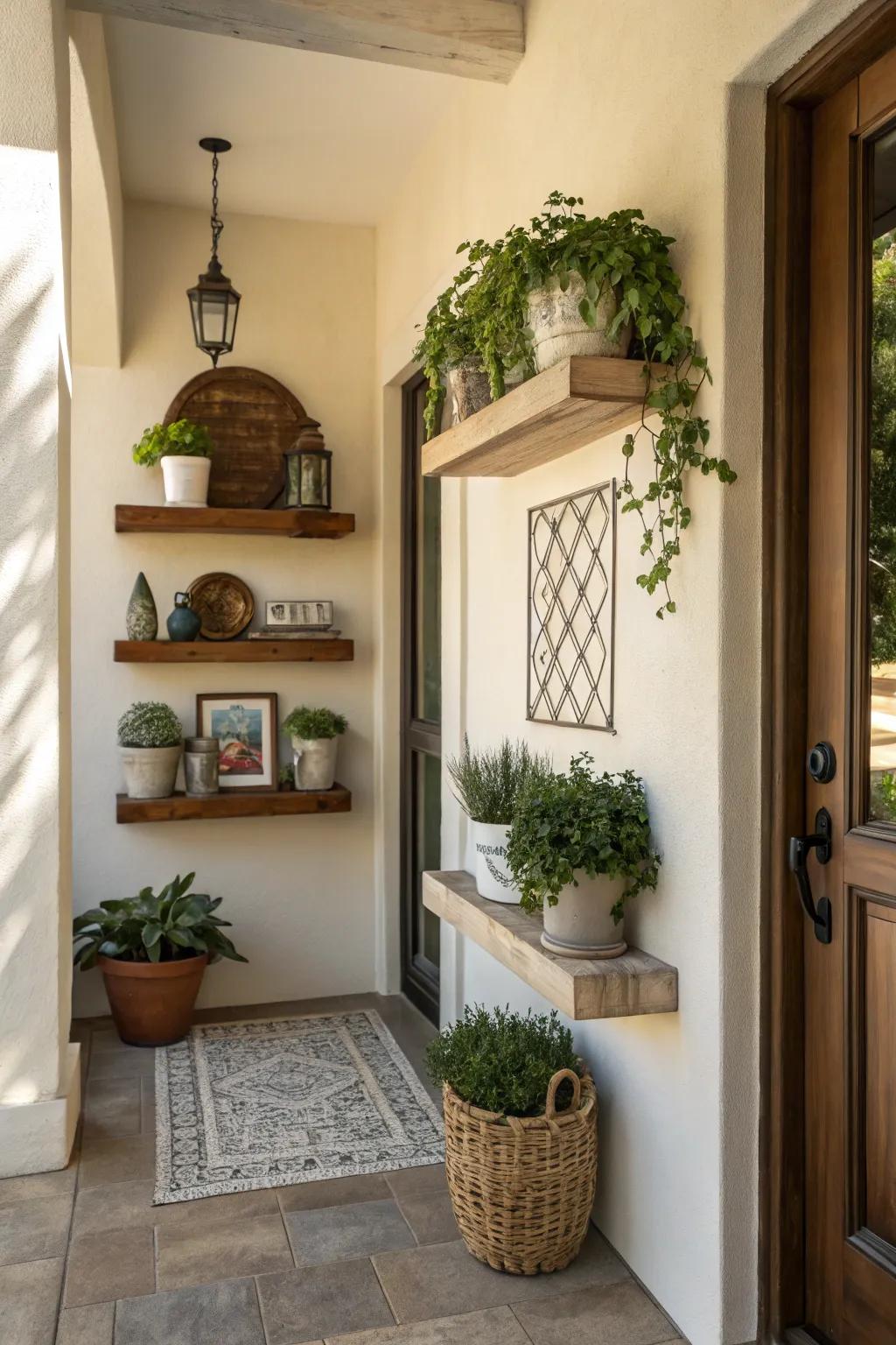 Hanging shelving injects storage and flair into the entryway.