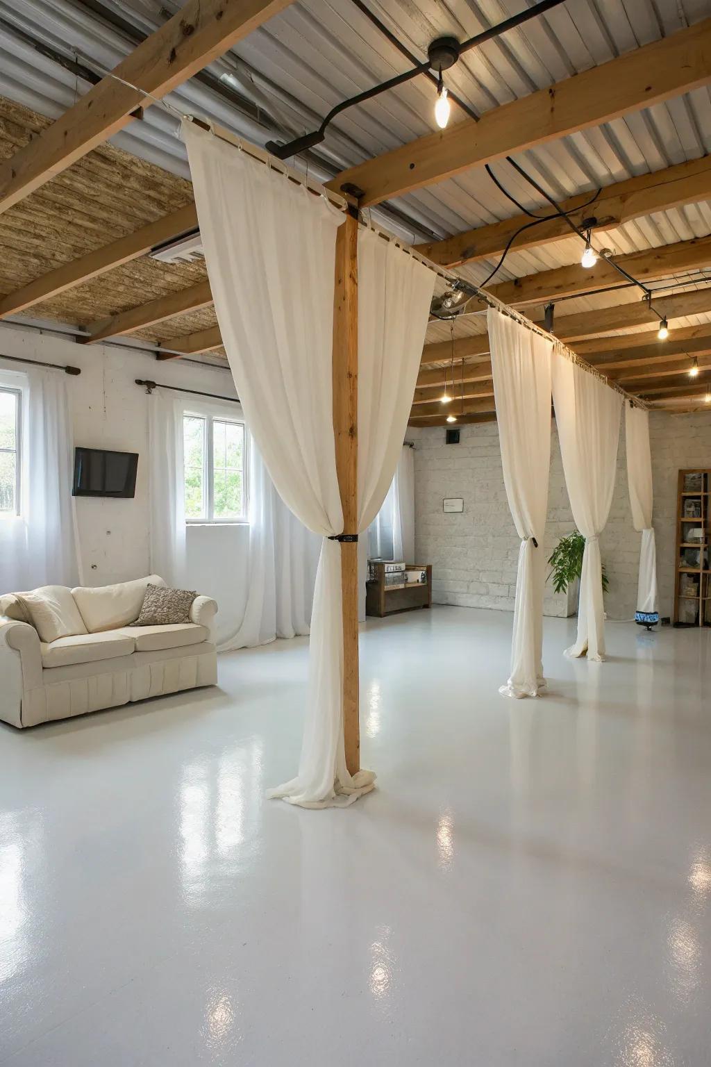 Crisp white epoxy floors for a serene setting.