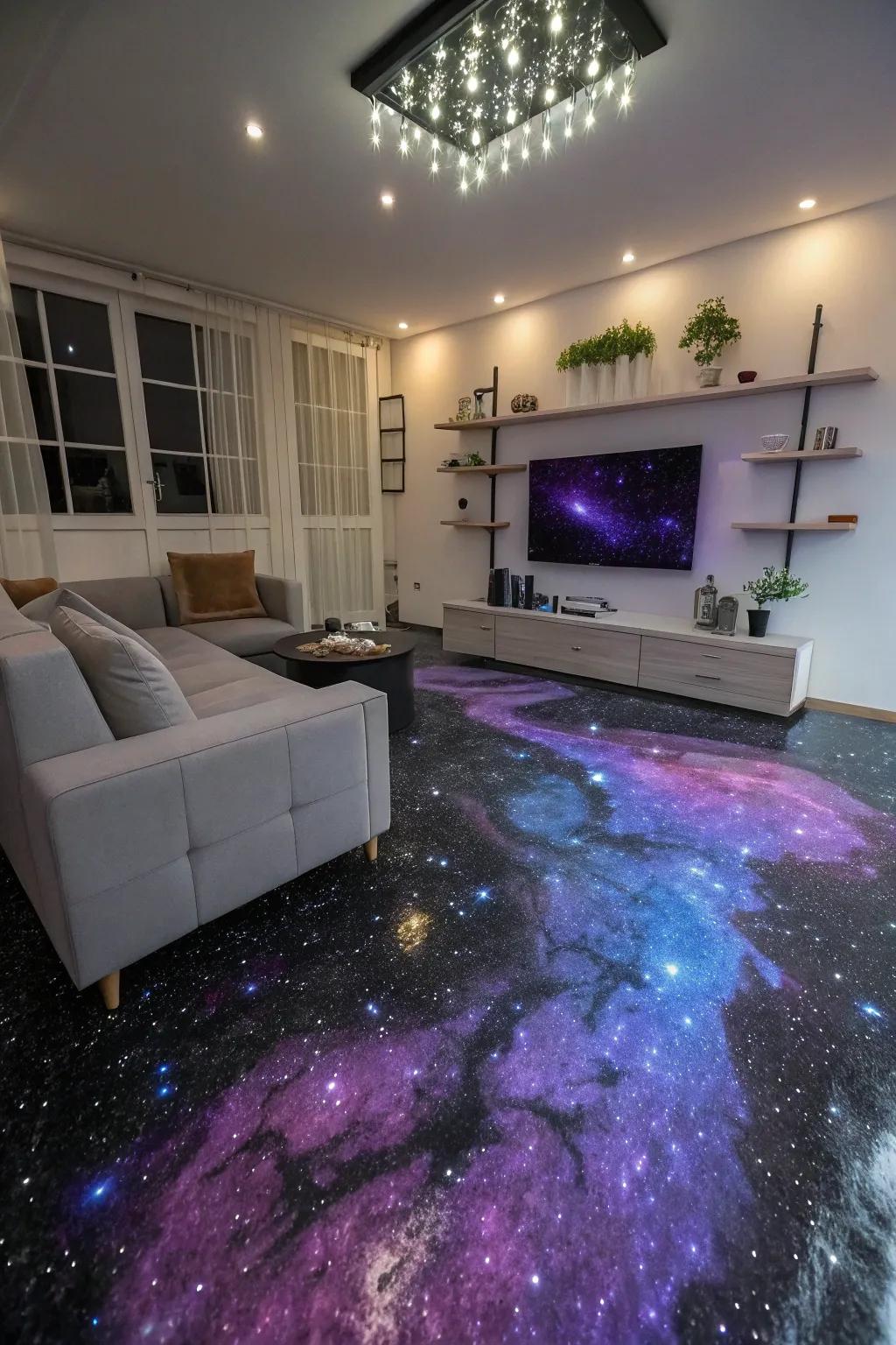 Traverse the cosmos via galaxy-inspired epoxy floor drafts.