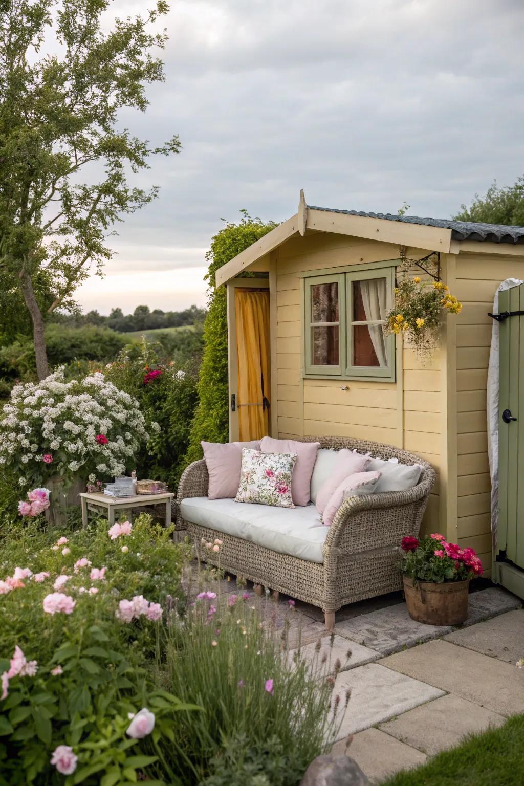 An intimate seating ensemble transforms your shed into a hideaway.