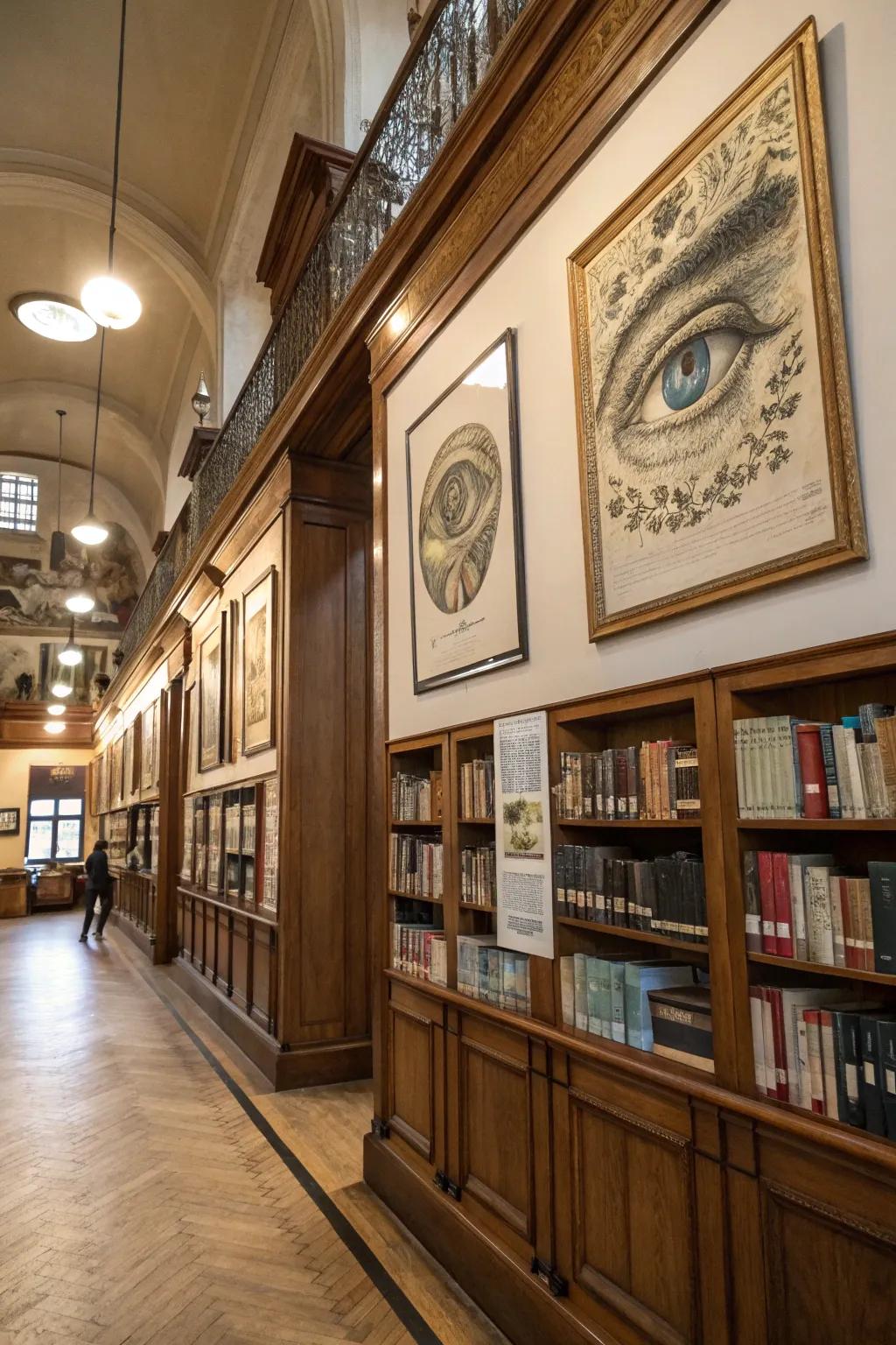 A library adorned with aged eye illustrations evocative of a sense of nostalgia.