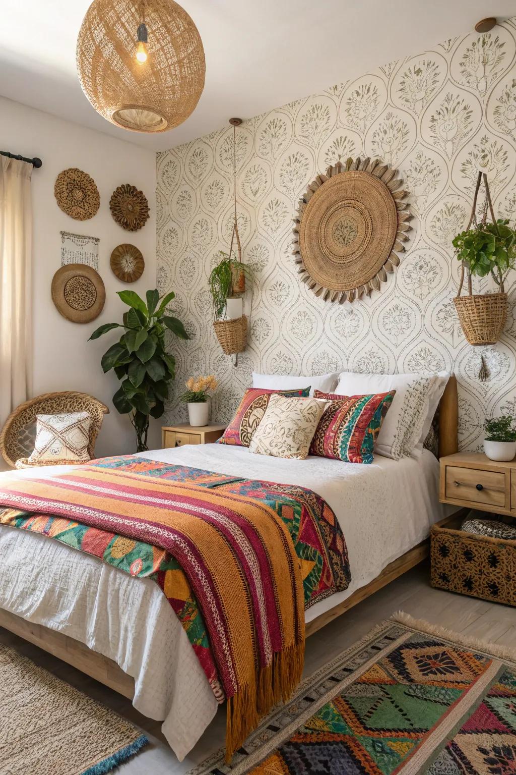 Fabric wallpaper incorporating eclectic bohemian elements engenders a snug and inviting hideaway.