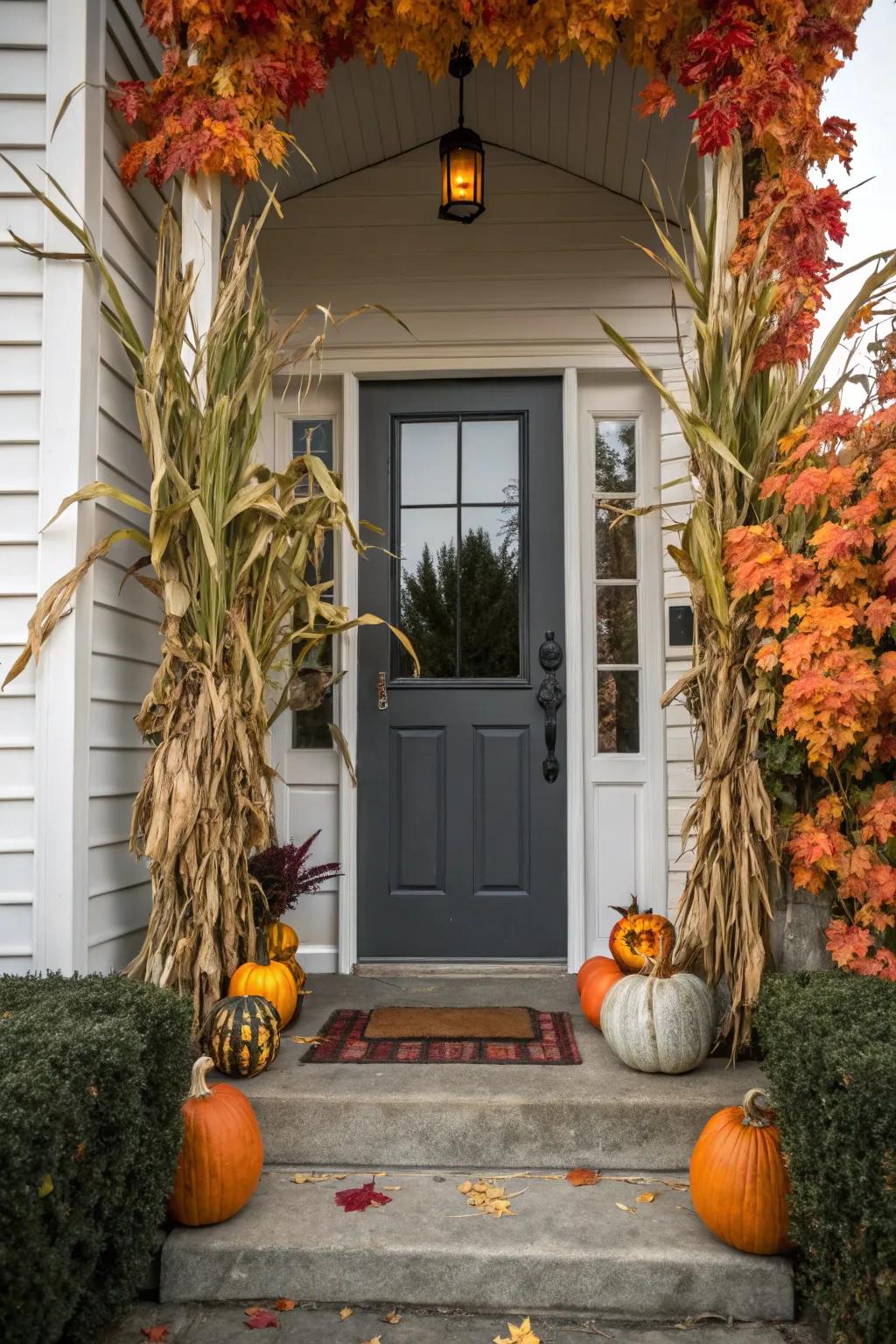 Grain stalks impart dimension and drama to a fall-themed door.