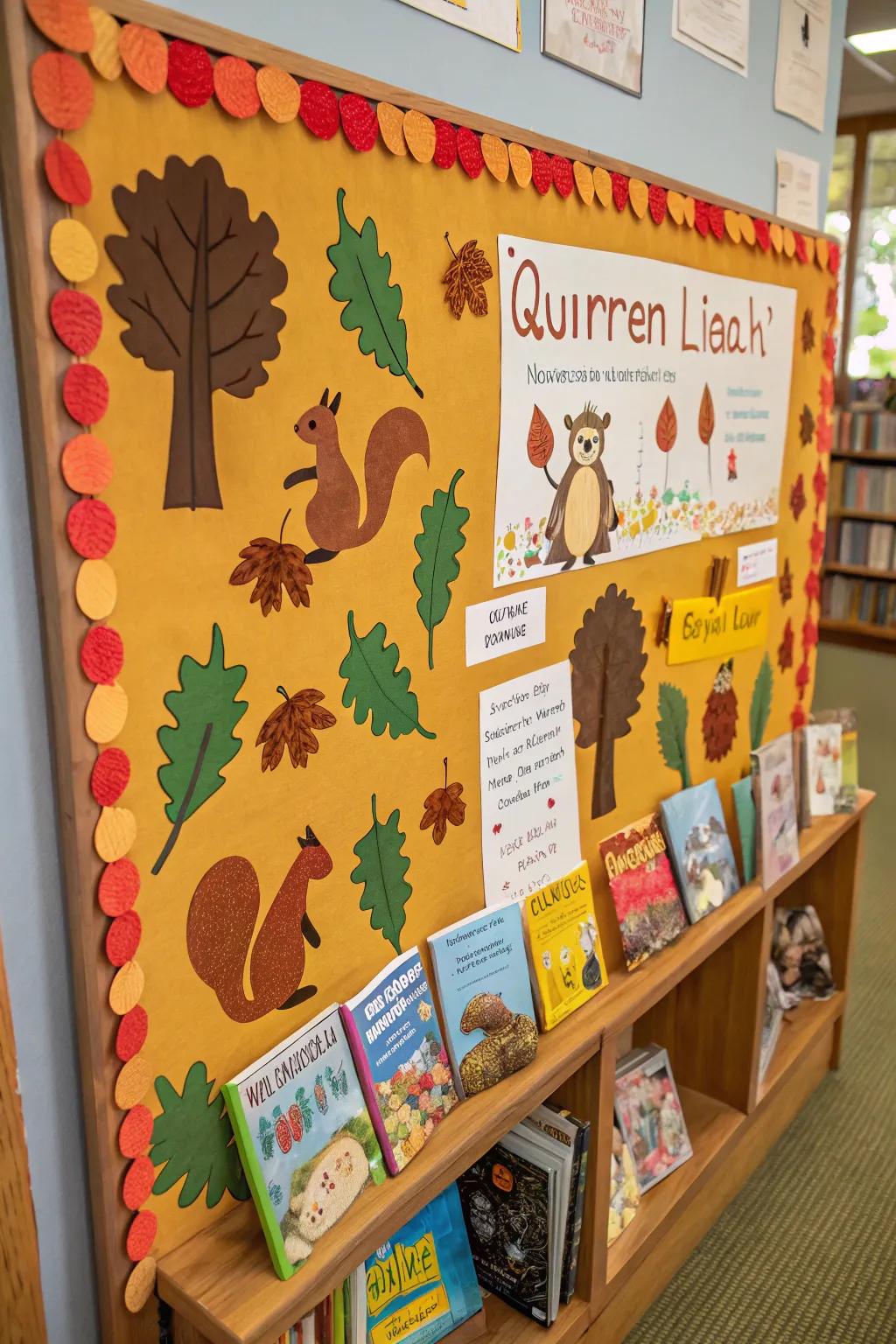 An amusing squirrel-themed display of squirrels collecting book acorns.