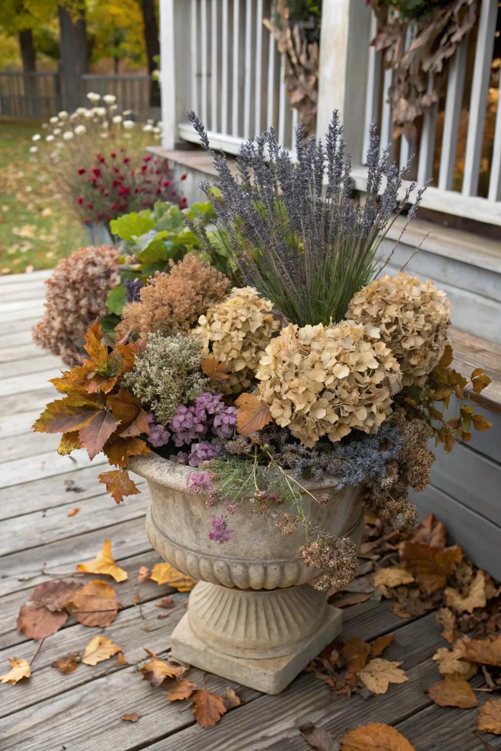 Preserved flowers introduce a hint of vintage charm to your fall planters.