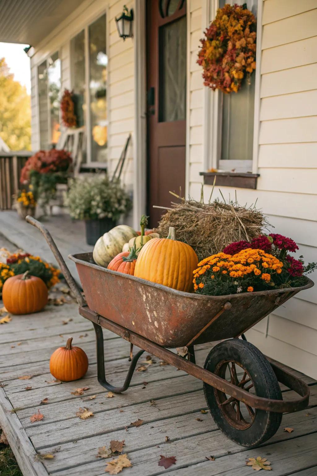 A vintage wheelbarrow infuses the fall porch with rustic charm.