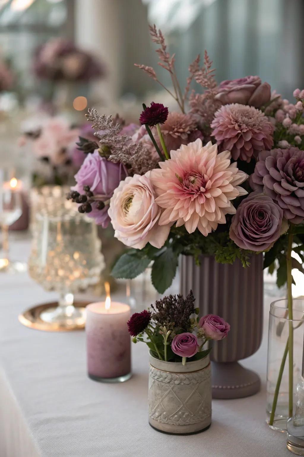 Dim mauve hues and clouded pinks establish a passionate and elegant ambiance at this fall marriage.