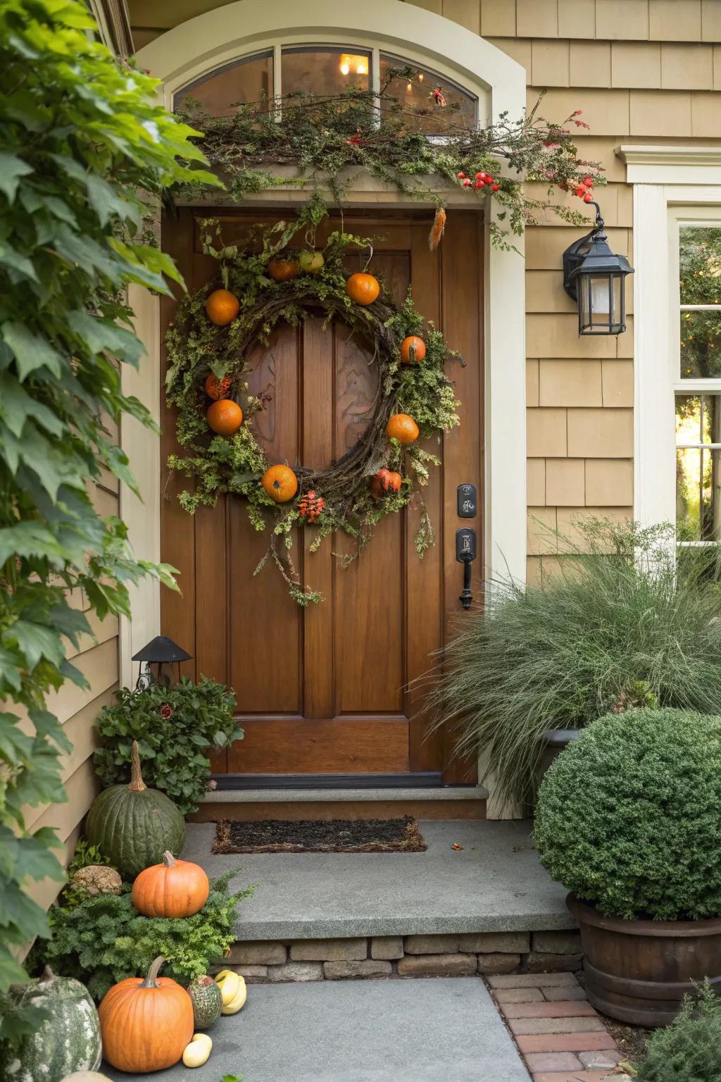 Gourds and grapevines fashion a cordial, textured wreath.