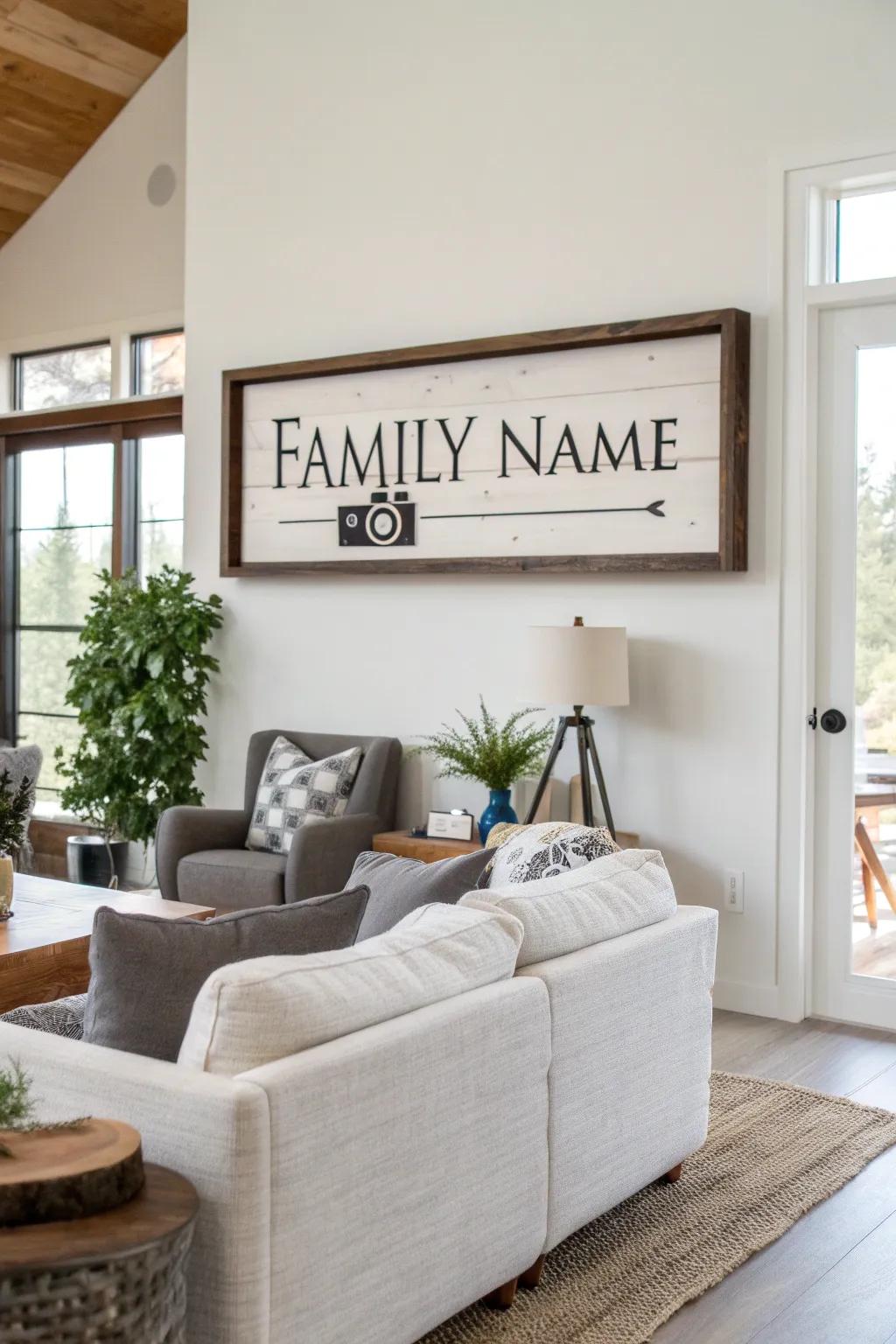 A surname display with decorative graphics in a contemporary setting.