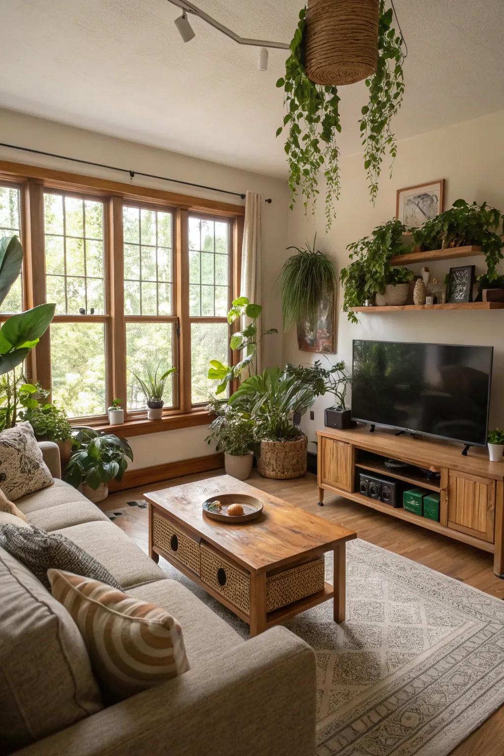 Plants and natural décor bring warmth and life to the family room.