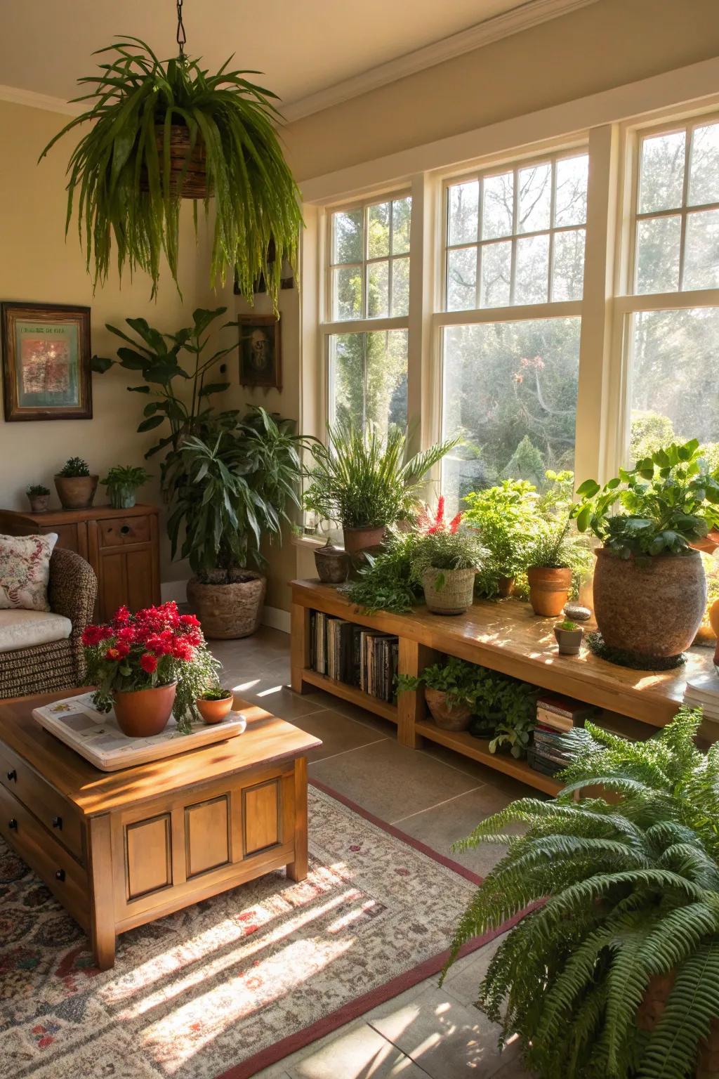 A family room infused with the freshness of interior flora.