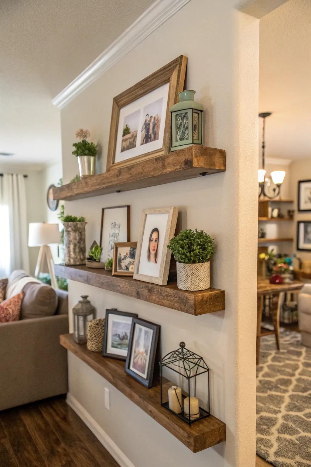 Floating shelves offering an adaptable display for family photographs and decor.