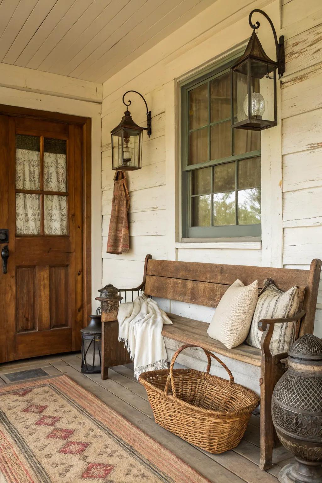 A vintage bench delivers a hint of nostalgia to the entryway.