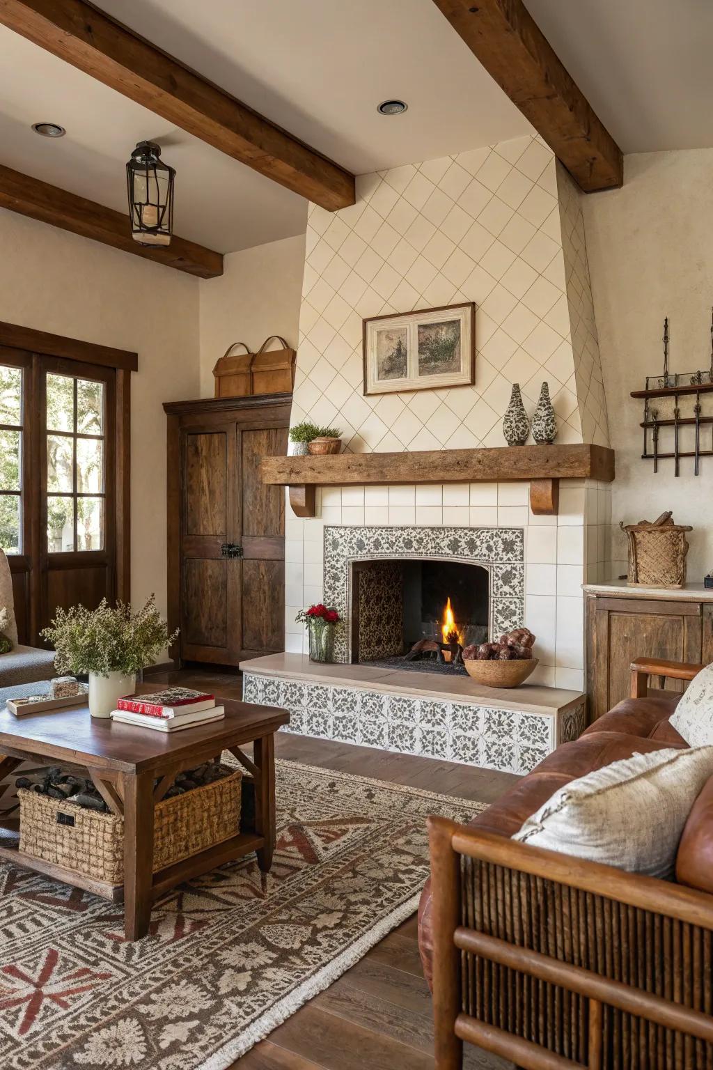 Daring full height tiles on a farmhouse fireplace.
