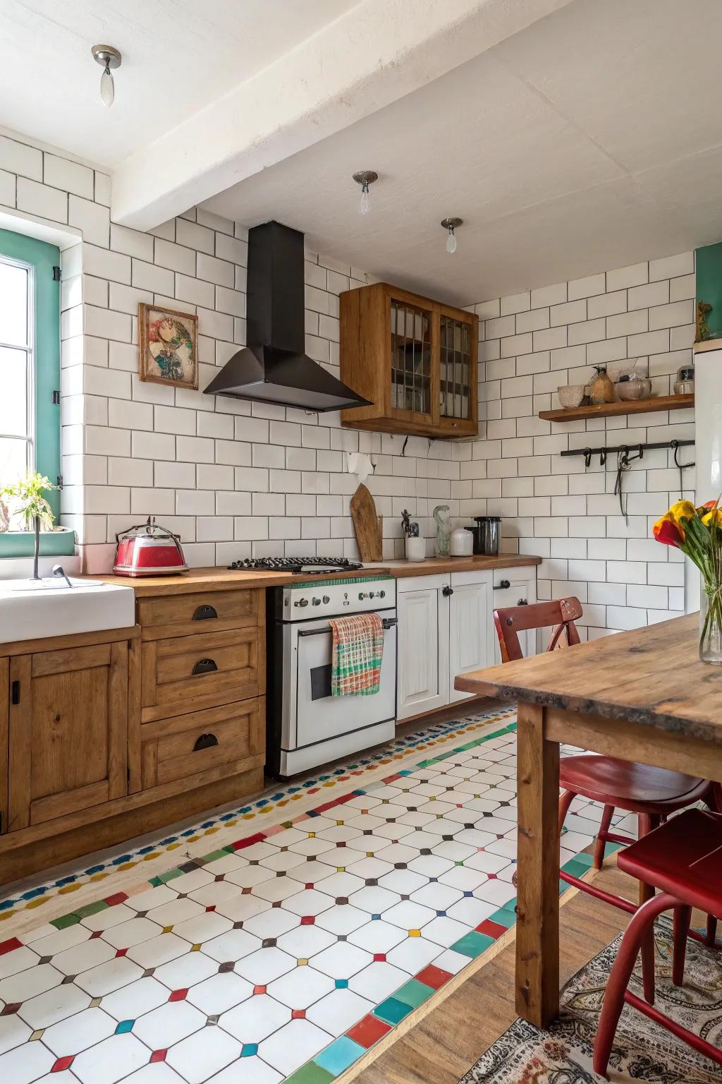 A country-style kitchen featuring subway blocks and colored grout.