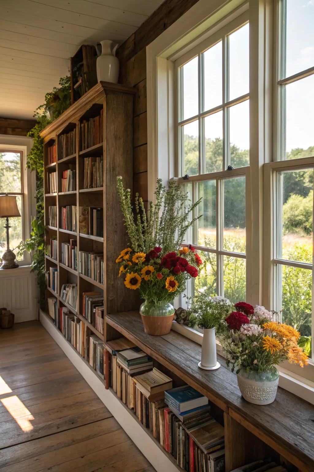 Botanicals and floral arrangements add life and freshness to the library setting.