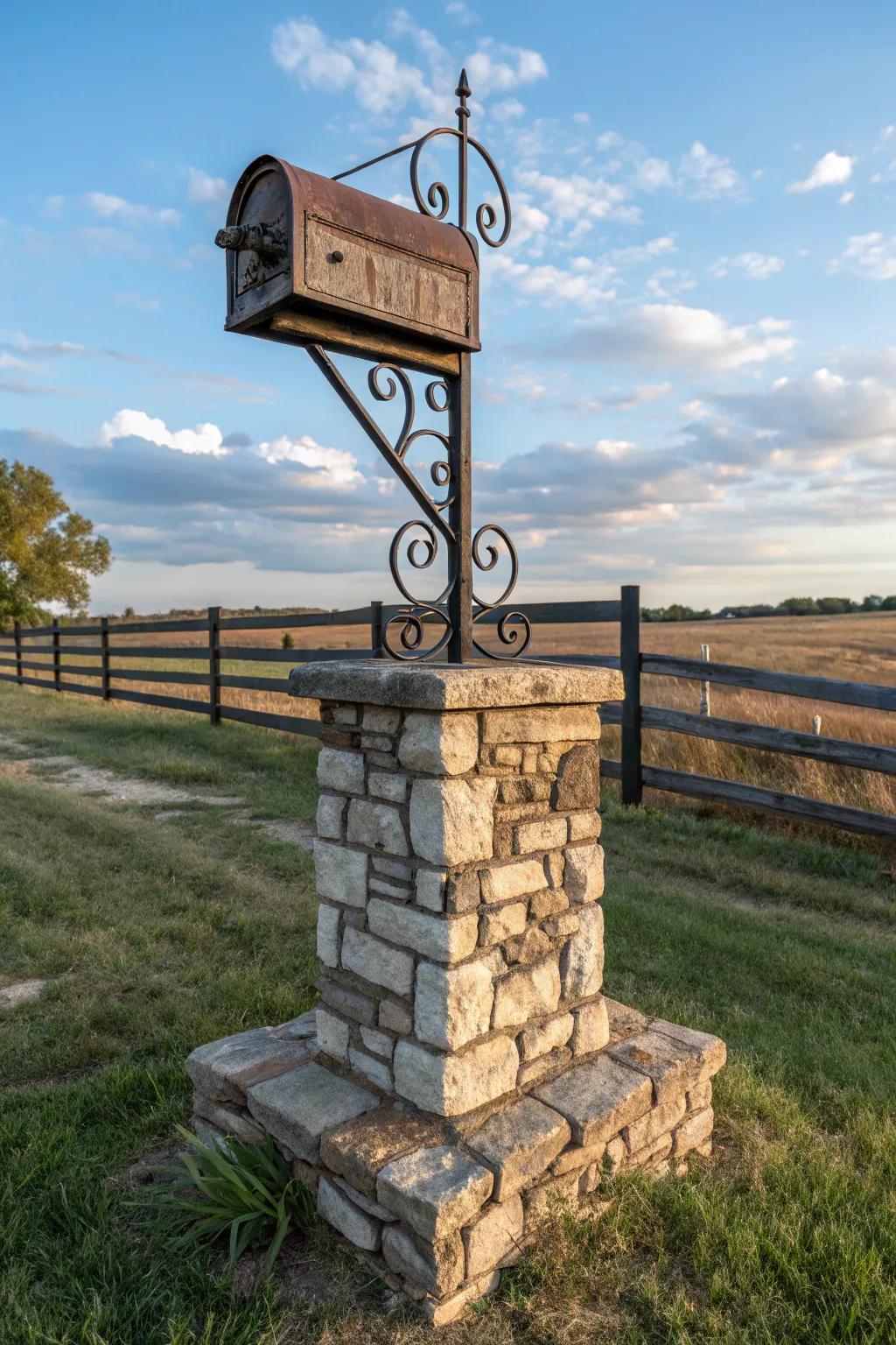 The seamless blend of stone and metal creates a rustic yet lasting mailbox.