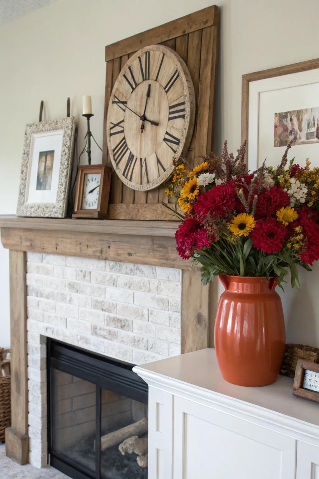 A vibrant vase introduces a shocking highlight of color against the neutral mantel.