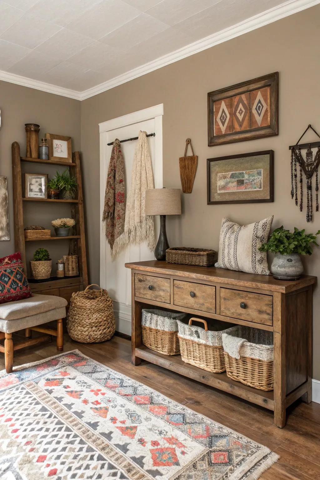 Taupe walls provide a versatile backdrop for farmhouse décor.