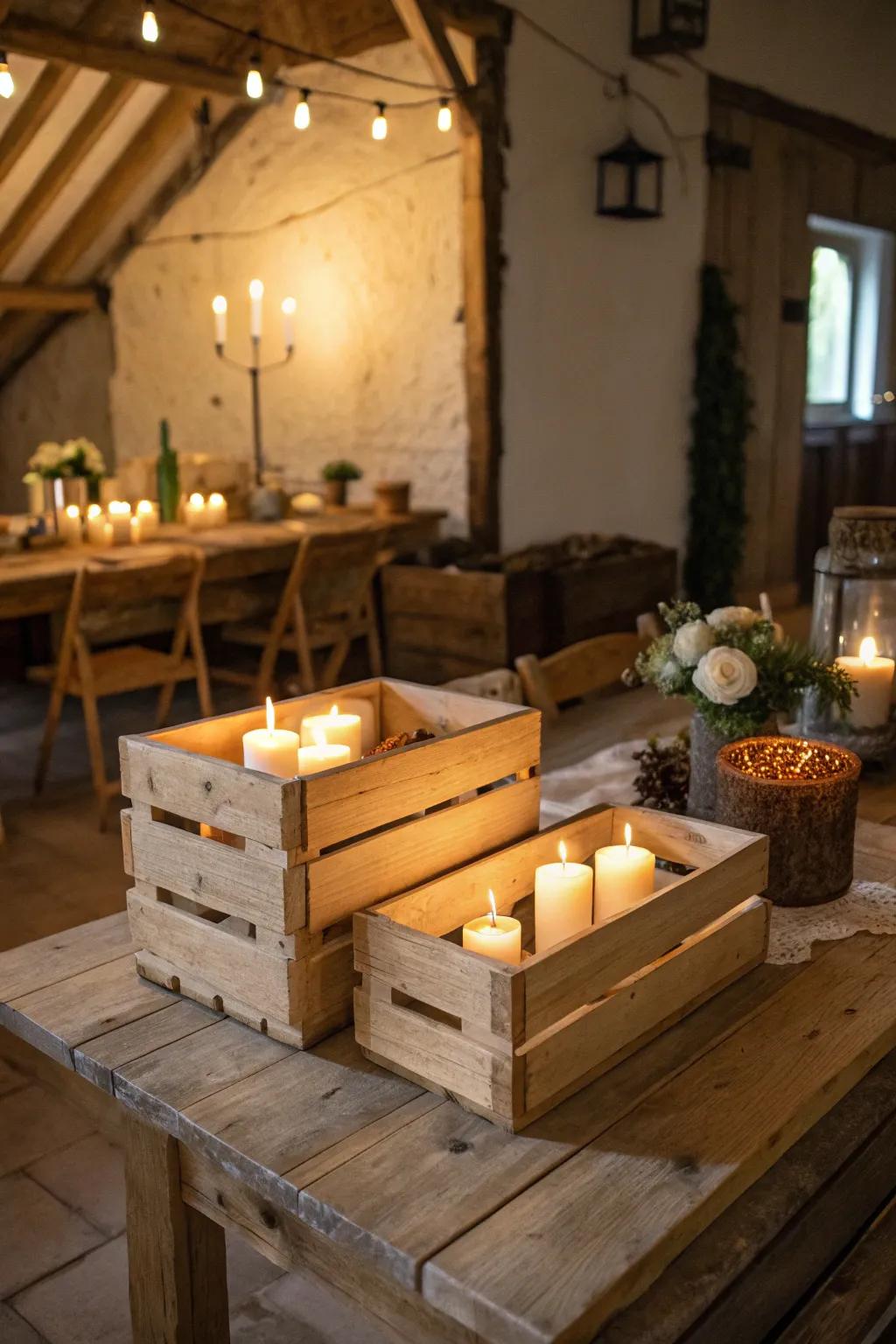 Wooden crates filled with candles compose a magical, rustic setting.