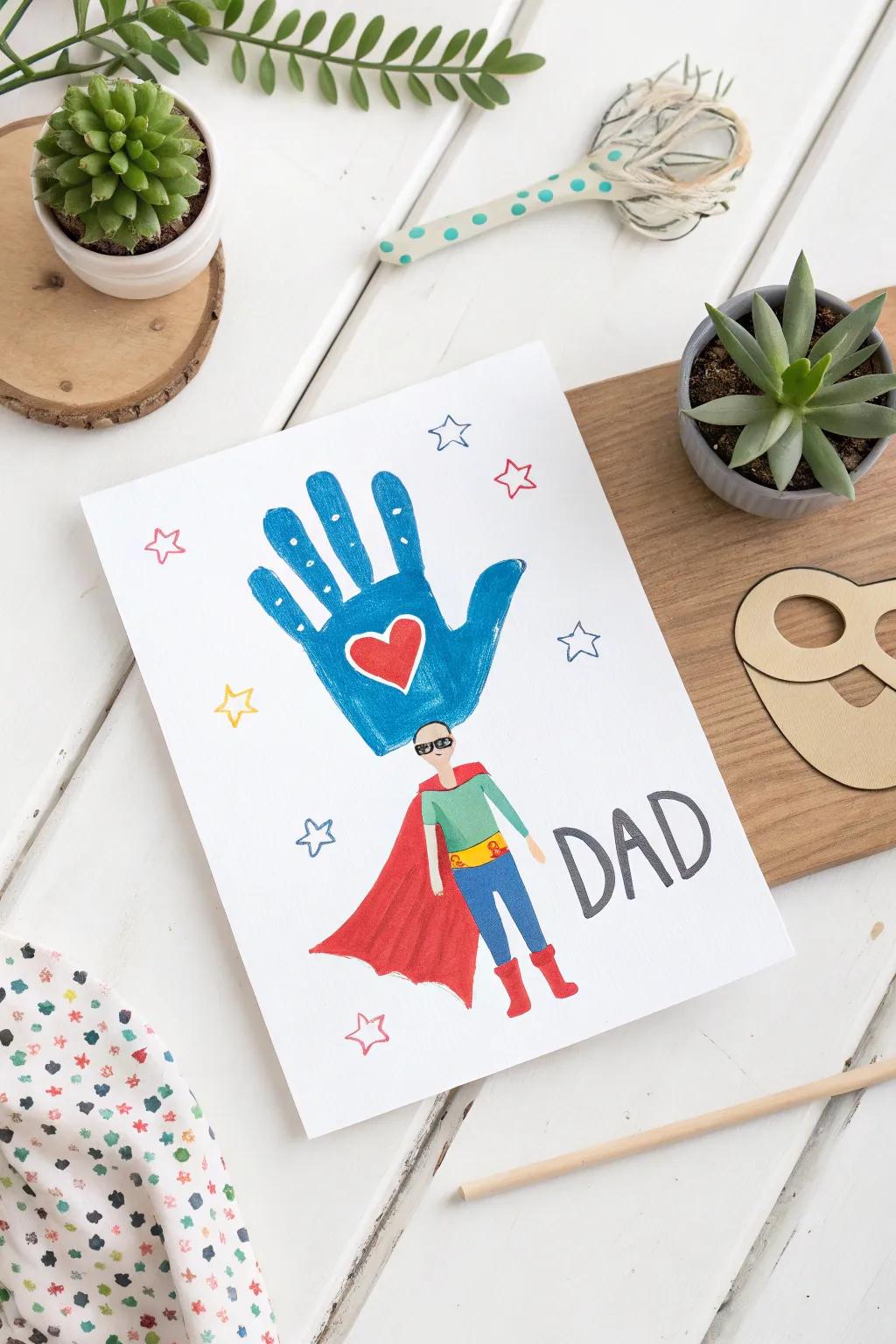 <strong><em>Celebrate Dad’s superpowers with a handcrafted touch!</em></strong>” loading=”lazy” class=”pimg”>
	</picture><figcaption><strong><em>Celebrate Dad’s superpowers with a handcrafted touch!</em></strong></figcaption></figure>
<p>Transform a child’s handprint into a caped superhero figure on the card. This concept invariably resonates, particularly among youngsters who perceive Dad as their tangible superhero.</p>
<h3>You might like:</h3>
<ul class=
