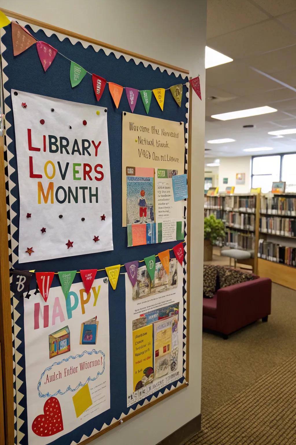 A library-themed bulletin board celebrating book enthusiasts.
