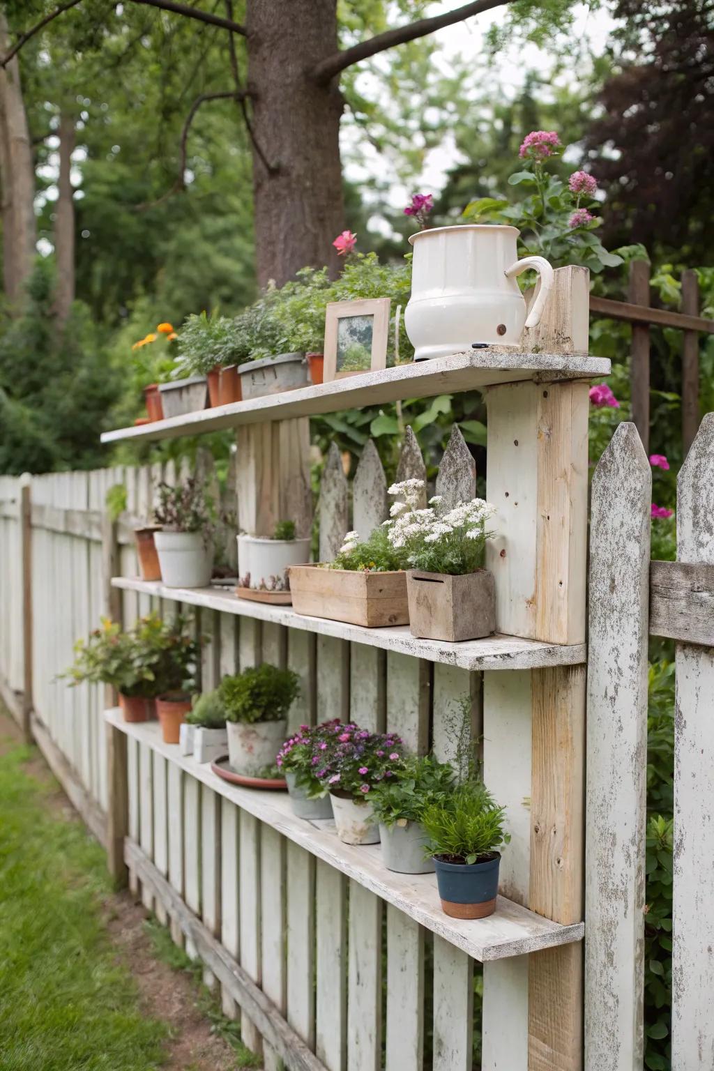 Floating shelves contribute utility and charm to your fence.