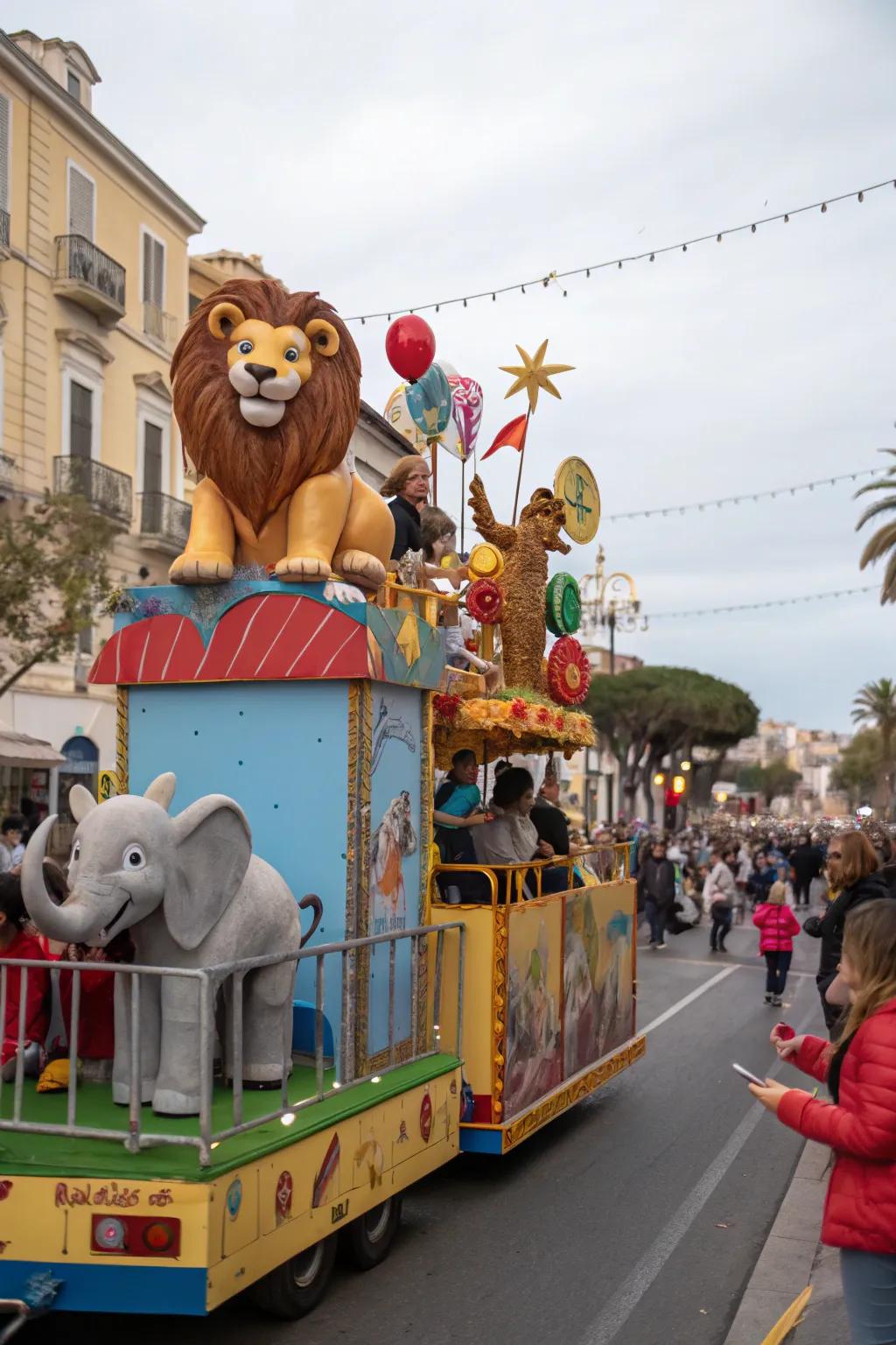 Animal figures bringing character to the float.