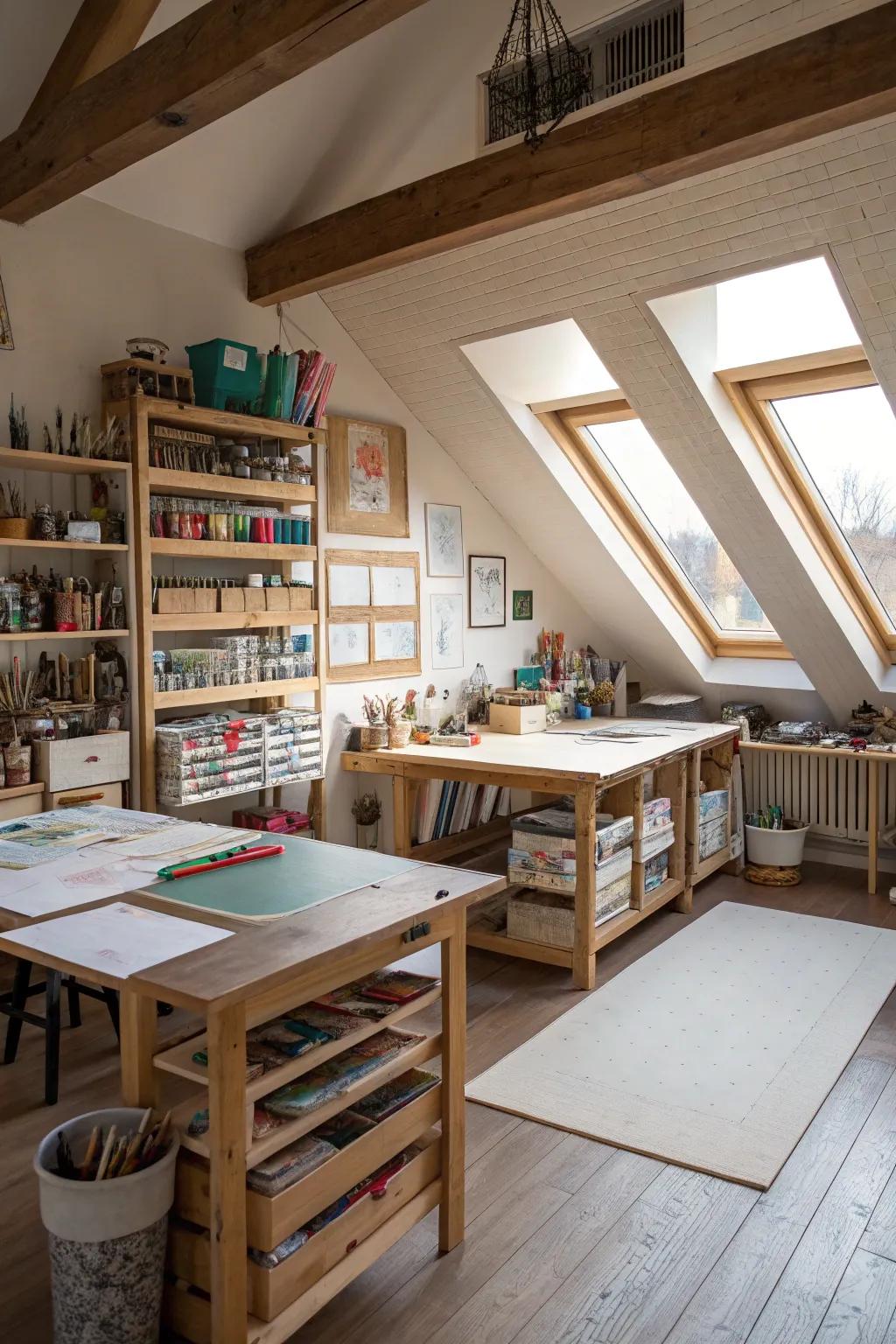 An inspiring attic studio swathed in natural radiance.